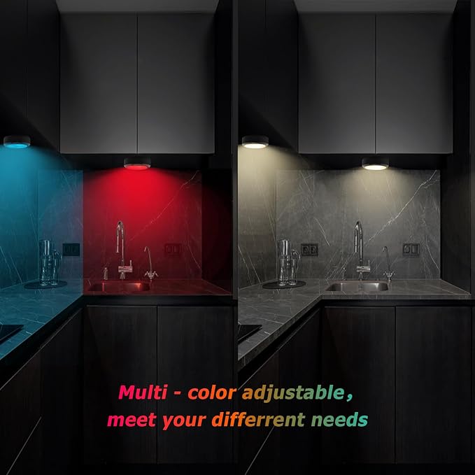 Puck Lights with Remote,7 Colors Under Cabinet Lighting Wireless,Battery Operated RGB LED Lights Dimmable, Push Lights for Closet,Kitchen,Under Counter Lights Bar Display Shelf (4pack)