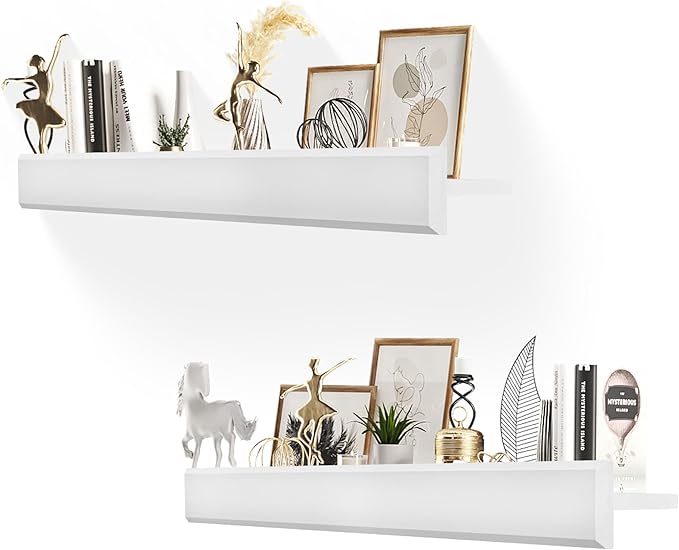 32 Inch Picture Ledge Shelf with Lip,Floating Shelves for Wall, Set of 2 Solid Pine Wood Shelves with Invisible Brackets, Wall Storage for Living Room, Bedroom, Kitchen, Bathroom(White)