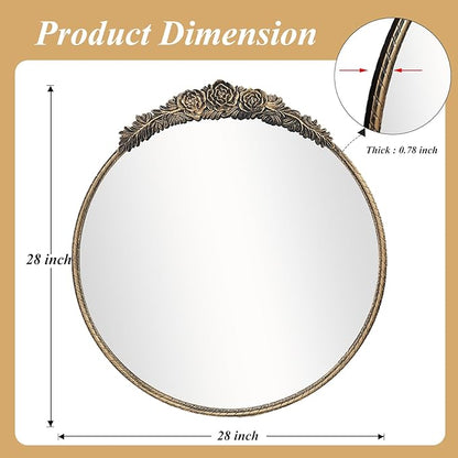 Growsun Round Wall Mirror with Vintage Black Floral Frame – 28 Inch Decorative Wall Mirror for Living Room, Bedroom, Entryway, Bathroom Vanity – Elegant Antique Accent Home Décor