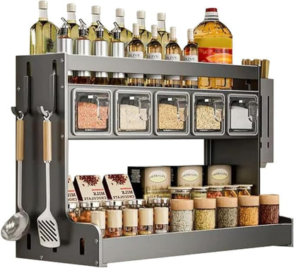 Kitchen Seasoning Shelf Spice Rack Wall Mount with Hooks and Utensil Holder Hanging Seasoning Box Shelf Seasoning Jar Organizer for Sugar Salt Pepper Oil Bottle (5 Boxes)