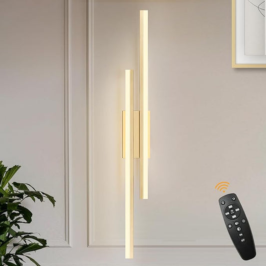 LED Wall Sconce Gold Modern Remote Wall Light Fixtures for Living Room, Dimmable LED Vanity Light Indoor Remote Wall Sconce for Bedside Bedroom Bathroom Dining Room, 39.4inch 1 Pack