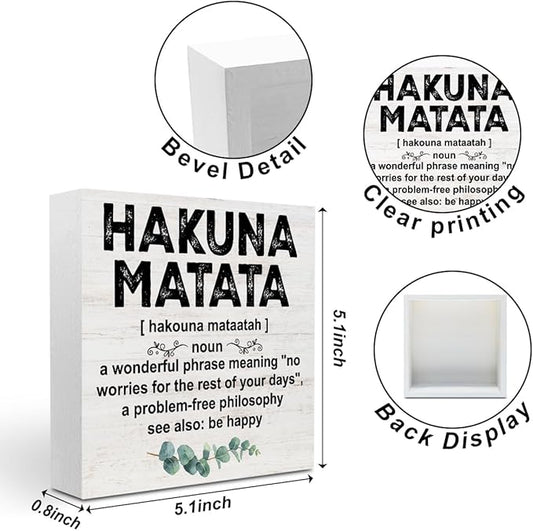 Motivational Gifts for Women Men, Inspirational Hakuna Matata Definition Wood Box Sign Desk Decor, Eucalyptus leaves Wooden Box Decorative Signs for Home Office Living Room Table Shelf Cubicle