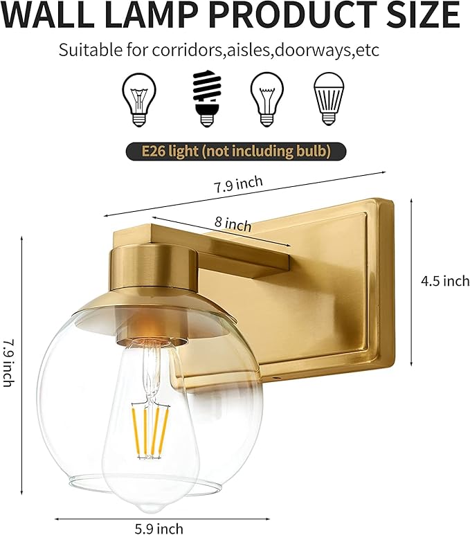 Brushed Brass Bathroom Sconces Set of 2, Gold Wall Sconces Set of Two, Bathroom Vanity Light with Clear Glass Shade, Modern Wall Light Fixtures for Bath Mirror Hallway Bedroom Living Room, Hardwired