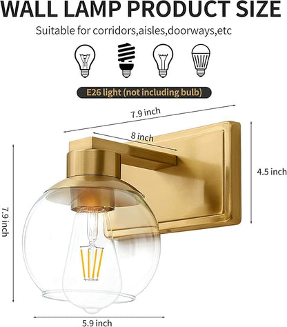 Brushed Brass Bathroom Sconces Set of 2, Gold Wall Sconces Set of Two, Bathroom Vanity Light with Clear Glass Shade, Modern Wall Light Fixtures for Bath Mirror Hallway Bedroom Living Room, Hardwired