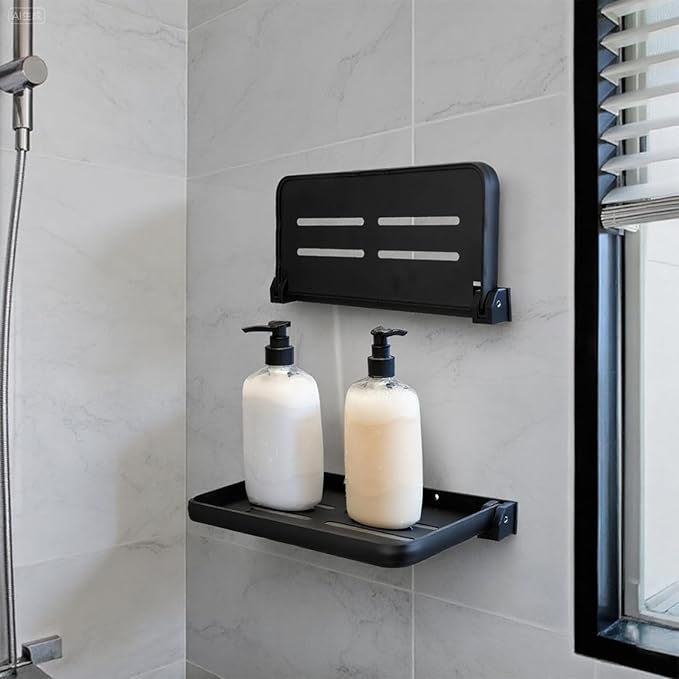 2Pcs Bathroom Shelves No Drill Wall Mounted Foldable Shlf Small Floating Metal Adhesive Shelves for Laundry Toilet Room Shower Wall Organizer (Black)