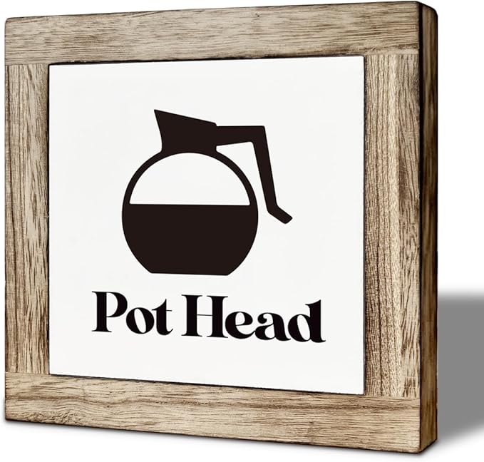 Pot Head Coffee Bar Decor, Box Wooden Plaques Desk Decor, Rustic Pot Head Coffee Sign, Rustic Wood Signs for Kitchen Cafe Bar, Square Wood Block Sign Table Decoration 5.9×5.9 inch