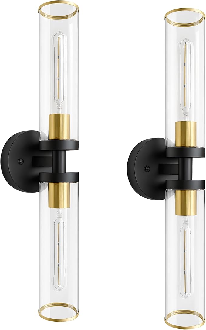 Wall Sconces Set of Two, Black and Gold Bathroom Wall Sconces with Clear Glass,Hardwired Modern Sconces Wall Decor Set of 2 Wall Light for Bathroom Mirror Bedroom Living Room Hallway Vanity
