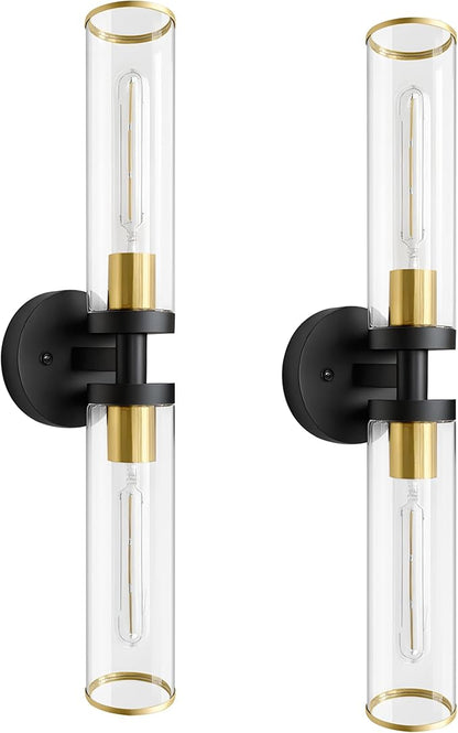 Wall Sconces Set of Two, Black and Gold Bathroom Wall Sconces with Clear Glass,Hardwired Modern Sconces Wall Decor Set of 2 Wall Light for Bathroom Mirror Bedroom Living Room Hallway Vanity