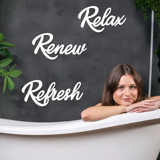 3 Pieces Bathroom Decor White Wooden Bath Room Sign Bathroom Wall Art Farmhouse Relax Renew Refresh Sign (White-large)