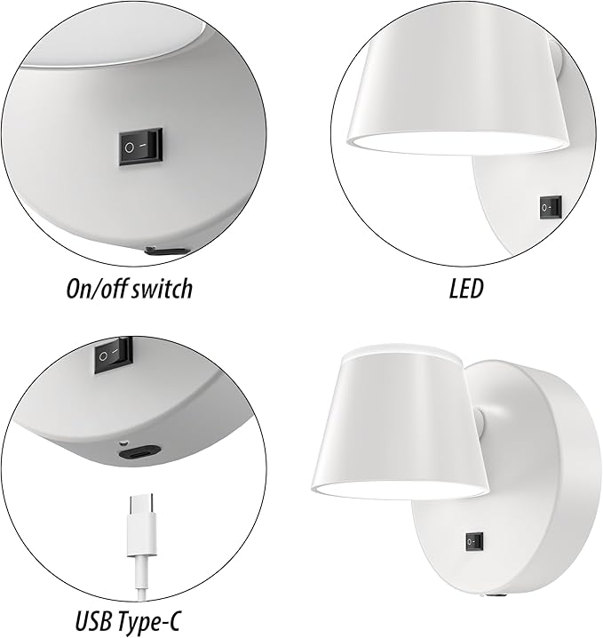 URSOLA Battery Operated Wall Lights Set of Two, LED Rechargeable Battery Wall Sconce with 9000mAh 3CCT and Dimmable Magnetic 360° Rotation Cordless Light for Bedroom（White）