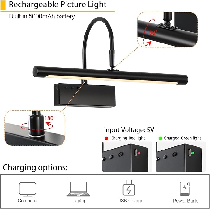 Picture Light, 5000mAh Battery Rechargeable Wall Sconce,16 inch Black Art Painting Light with Remote Dimmable, 3 Color temperatures & Timmer Art Lights for Paintings,Picture Frame,Gallery