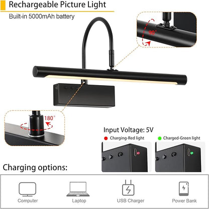 Picture Light, 5000mAh Battery Rechargeable Wall Sconce,16 inch Black Art Painting Light with Remote Dimmable, 3 Color temperatures & Timmer Art Lights for Paintings,Picture Frame,Gallery