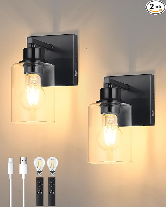 Battery Operated Wall Sconce Set of 2, Black Rechargeable Wall Lights with Timer Function, Easy Install Dimmable Wireless Wall Lamps Sconces Wall Decor for Living Room Bedroom Hallway, Emergency 3000K