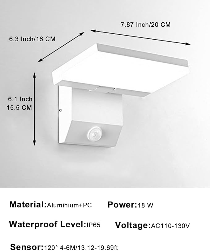 Wired Motion Sensor Outdoor Lights Fixtures LED 18W Modern Exterior Porch Lights Wall Sconce Light for Patio Doorway Garage White Square Cool White 6000K