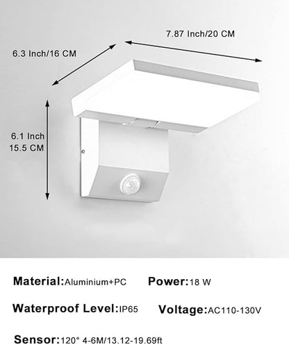 Wired Motion Sensor Outdoor Lights Fixtures LED 18W Modern Exterior Porch Lights Wall Sconce Light for Patio Doorway Garage White Square Cool White 6000K