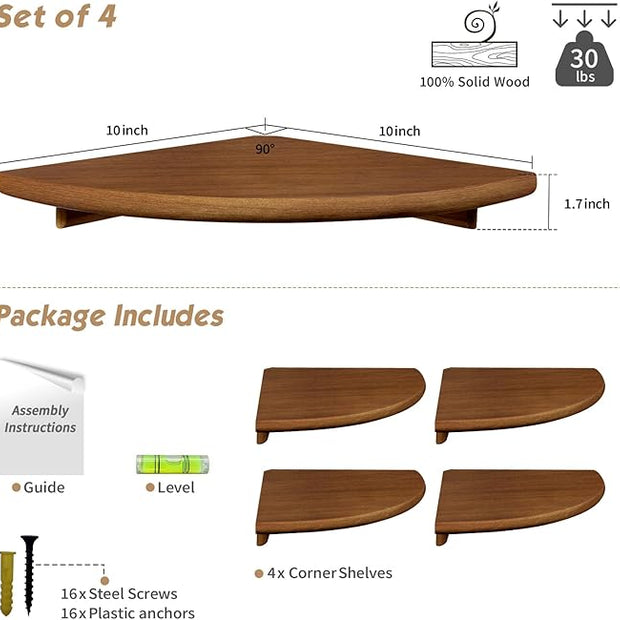 Forbena Walnut Brown Floating Corner Shelves for Wall 4-Pack, Small Corner Wall Shelves for Kids Room, Cute Wooden Hanging Corner Shelf for Bedroom Bathroom Decor, Living Room, Small Spaces