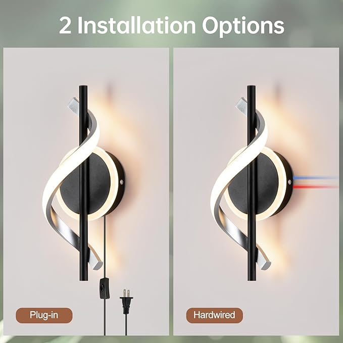 Black Plug in Wall Sconces Sets of 2, 12W Modern Spiral LED Wall Lamp, 3000K Warm White Wall Light Fixture for Stairs Living Room Bedroom Aisle Hallway