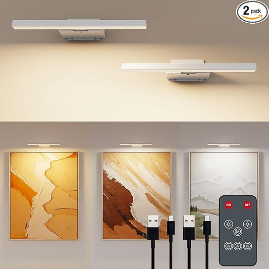 Picture Lights for Wall, Rechargeable 6000mAh Battery Wall Sconce with Remote & Timer, Dart Board Light for Poster Artwork Paintings Gallery, 3 Color Temperatures (2 Pack)
