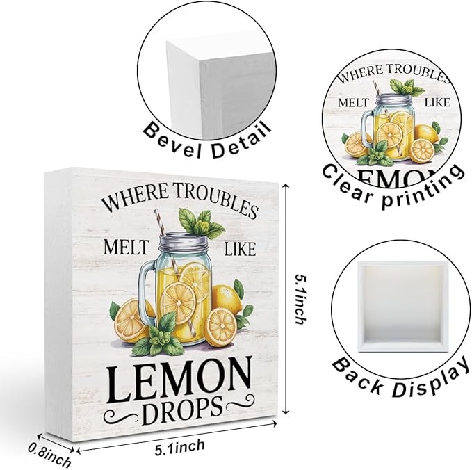 Lemon Themed Gifts Wood Box Sign - Where Troubles Melt Like Lemon Drops, Lemon Rustic Woods Table Decorative Signs for Office Home Lemonade Bar Tabletop Shelf Decoration, Motivational Gifts for Women