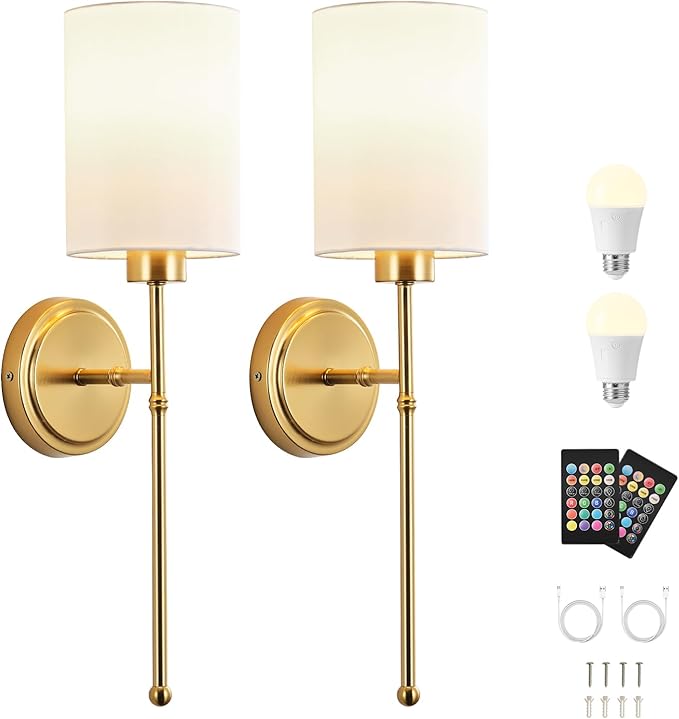 Battery Operated Wall Sconce Set of Two, Gold Wireless Rechargeable Wall Light with Remote Control, Dimmable, Amber/Warm/Natural/Cool White, RGB, Battery Power Sconces for Living Room Bedroom