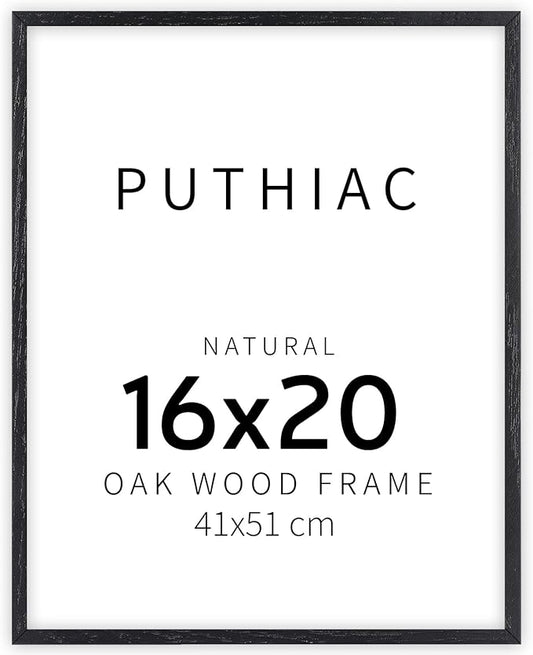 puthiac 16x20 Solid Oak Wood Picture Frame, Fits 12x16 with Mat or 16x20 Without Mat, Wall Display Only, Vertical or Horizontal, Plexi Front, 1 Pack, Black