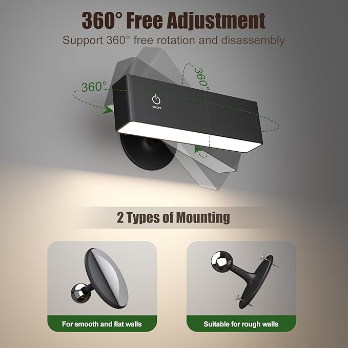 YiLaie LED Magnetic Wall Sconce Lights, Wall Mounted Lamp with 4000 mAh Battery Operated Wall Sconce, Touch Controls & Brightness Adjustment, USB Port, 360° Rotate Wall Lamps for Bedroom, Black