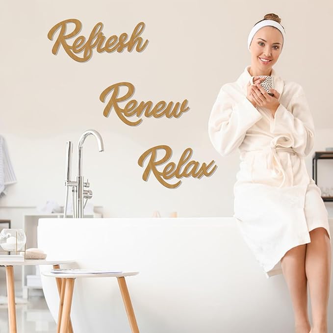 3 Pieces Bathroom Decor Rustic Bathroom Wall Art Wooden Bathroom Sign,Relax Renew Refresh Sign (Brown large)