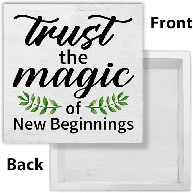 Inspirational Desk Decor New Beginnings Gift for Women Men, Rustic Trust the Magic of New Beginnings Wooden Sign Decorations for Home Office Desk Shelf Table 5 x 5 Inches