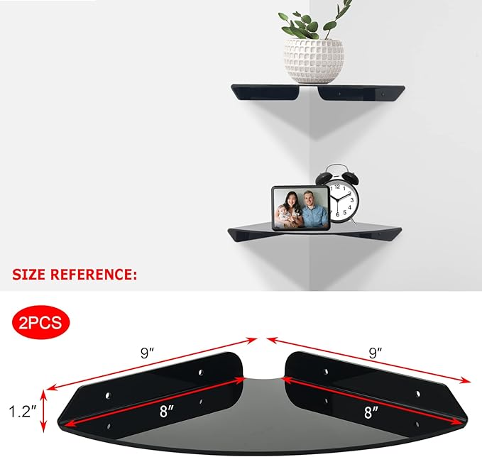 Cosmos 2 Pcs Acrylic Wall Mount Floating Corner Shelves Quarter Round Shower Shelf Hanging Corner Shelves Wall Storage Display Organizer for Bathroom Kitchen Bedroom Living Room (Solid Black)