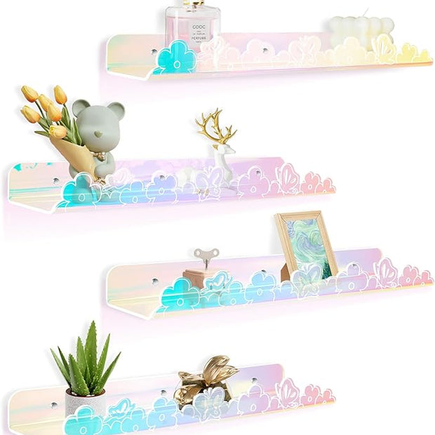 Floating Shelves for Wall,4 Pack 15.7’’x 3.5’’Adhesive Acrylic Shelves Organizer for Book Toy Photo Makeup,Wall-Mounted Kids Storage for Bathroom,Bedroom,Nursery,Iridescent Butterfly