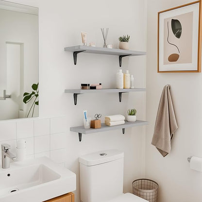 SKYSEN Floating Shelves for Wall Set of 6, 23.6in Wood Wall Shelf for Decor, Bathroom, Bedroom, Storage, Book,Kitchen, Living Room - Grey(fs-60-g)