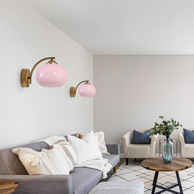 Pink Wall Sconce Light Antique Brass Sconces Set of 2 Mid Century Modern Globe Wall Sconce Lighting Vintage Bedroom Wall Lights Gold Hallway Wall Lighting Fixtures