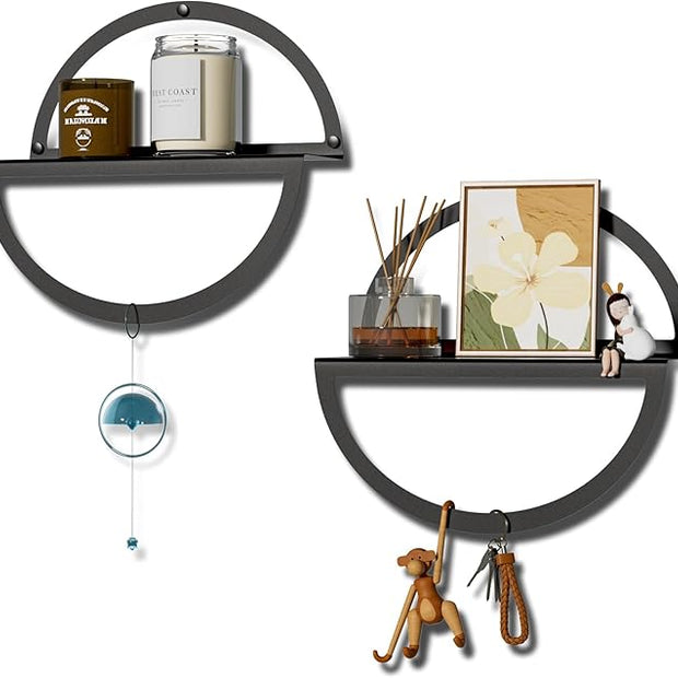 Floating Wall Shelves Set of 2, 11.8 Inch Round Metal Shelves for Wall Decor, One-Tier Small Display Shelf for Bedroom, Living Room, Bathroom, Kitchen Storage & Decoration, Black