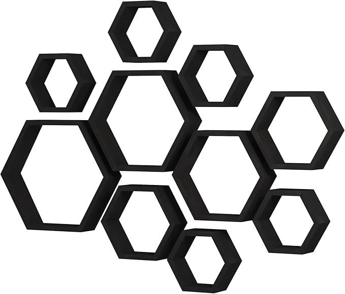 WONFUlity Hexagon Floating Shelves Honeycomb Wall Mounted Wood Farmhouse Storage for Bathroom, Kitchen, Bedroom, Living Room - Driftwood Finish Wall Decor, Black