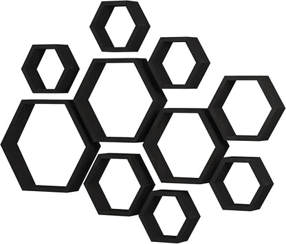 WONFUlity Hexagon Floating Shelves Honeycomb Wall Mounted Wood Farmhouse Storage for Bathroom, Kitchen, Bedroom, Living Room - Driftwood Finish Wall Decor, Black