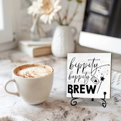 5'' Rustic Cafe Wooden Sign With Metal Stand - Bippity Boppity Brew - Wooden Plaque Tabletop Decor Gifts For Coffee Lover Friends Family Coworkers - Home Desk Kitchen Coffee Bar Decor & Supplies - B03