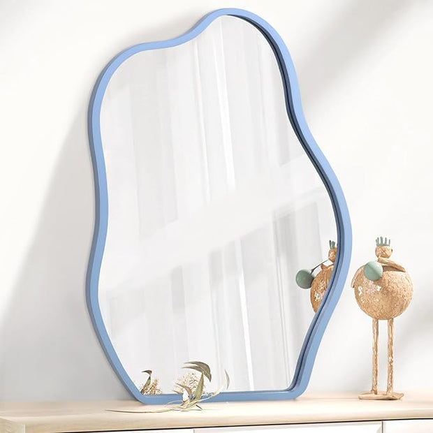 Wall Mirror Blue Asymmetrical Mirror Modern Wood Frame Unique Shape Wall Mounted Vanity Artistic Hanging Mirror Decor for Living Room Bedroom Bathroom Entryway Hallway Small