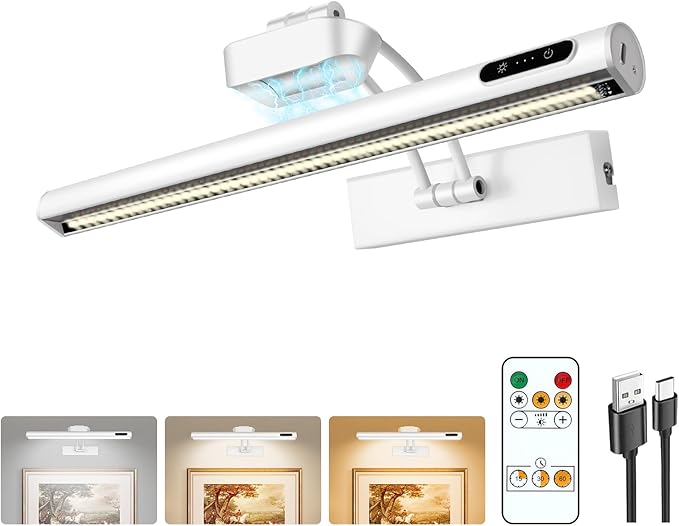 Magnetic Cordless Picture Light with Remote/Touch Control & Timer, 3CCT Dimmable, Angle Adjustable 16in Metal Wall Lights with 5000mAh Battery for Artwork, Painting, Portrait, Gallery, Photo, White