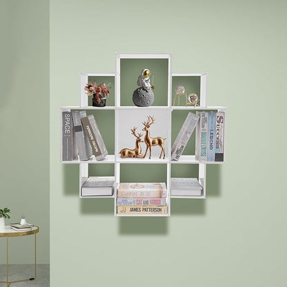 3-Tiers Wall Mounted Geometric Bookshelf, Morden Irregular Nine-Grid Bookshelf, 90cm Tall Decorative Display Shelf (White)
