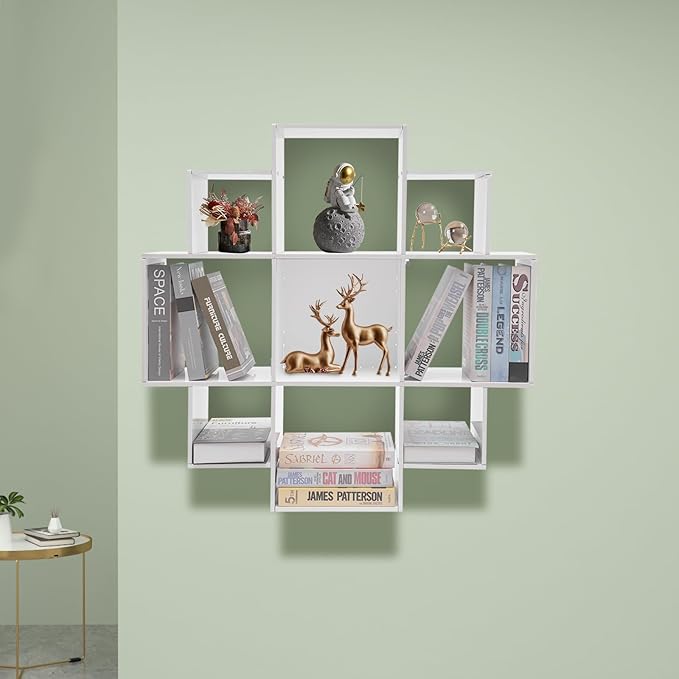 Wall Mounted Book Shelf 3-Tiers 9 Compartment Geometric Bookshelf Decorative Display Open Shelves Floating Shelf Bookcase Holds up to 66.1 lbs (White)