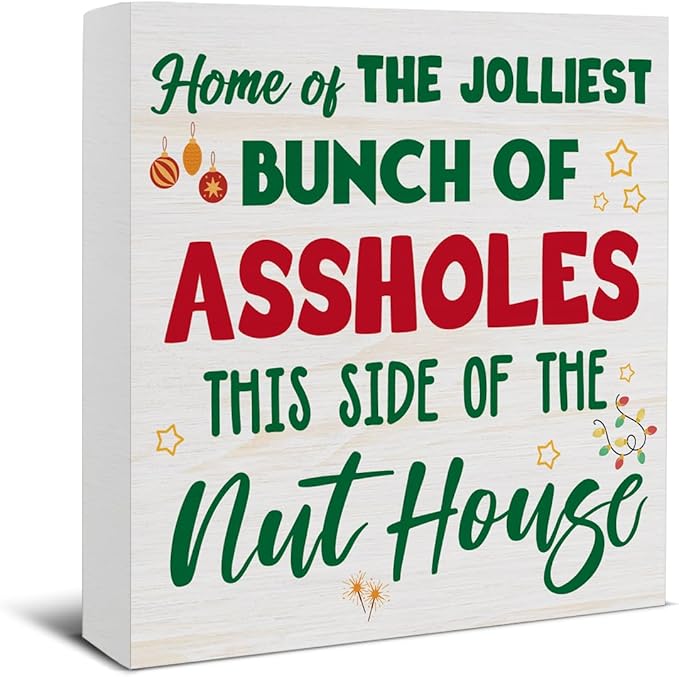 Funny Christmas Decor, Christmas Home Decorations, Home of the Jolliest Wooden Sign Rustic Home Shelf Office Decor 5 x 5 Inches