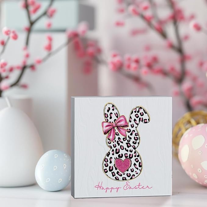Pink Happy Easter Sign Easter Table Decor Leopard Print Bunny Decor Blue And White Chinoiserie Decor Wooden Box Sign for Home Office Bedroom Living Room Desk Shelves