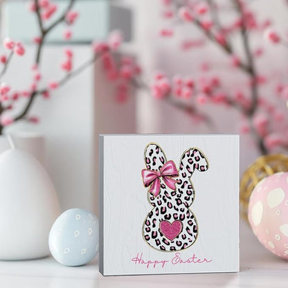 Pink Happy Easter Sign Easter Table Decor Leopard Print Bunny Decor Blue And White Chinoiserie Decor Wooden Box Sign for Home Office Bedroom Living Room Desk Shelves