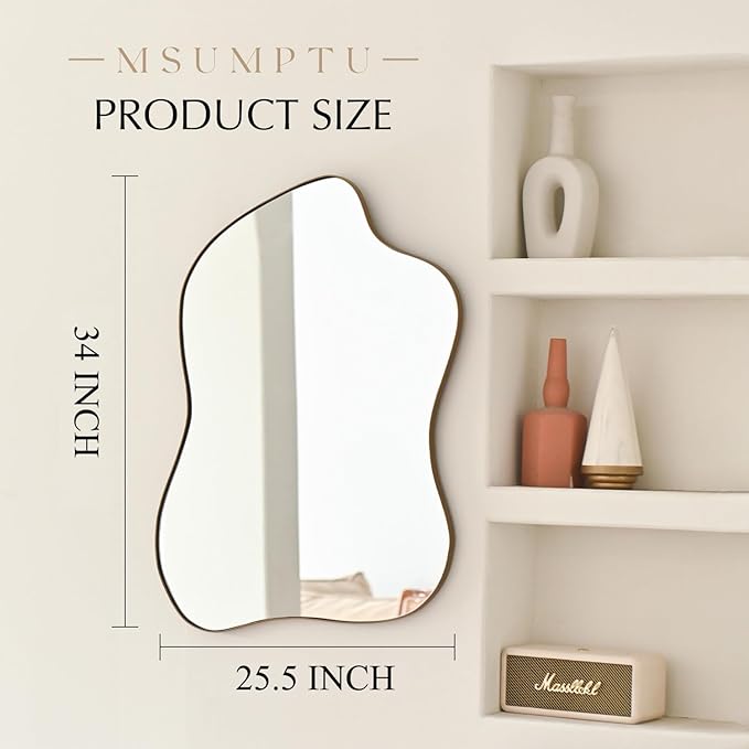 Irregular Wall Mirror Brass Wave Shaped Metal Framed Wall Mirror for Bathroom Bedroom Entryway Living Room Wall Decor 34