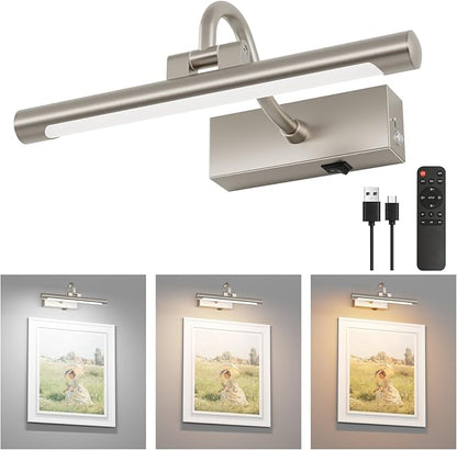 Aipsun 11.8" Nickel Picture Lights for Wall Rechargeable,10000mAh LED Battery Operated Art Light for Paintings,3CCT Dimmable, Rotatable Gallery Light for Pictures Display(Brushed Nickel)