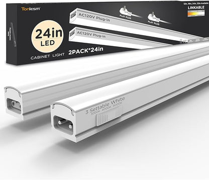 Under Cabinet Lighting Plug in 24in 2Pack AC120V 3CCT 3000/4000/5000K, Super Bright,Linkable Under Counter Lights for Kitchen, Ultra Slim LED Cabinet Light,ETL White
