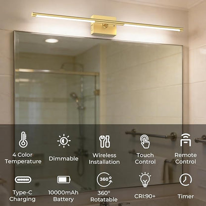 Battery Operated Wall Sconce Set of Two - 10000mAh Cordless Rechargeable Wall Sconces with Remote & Touch Control, 360°Rotate, 4CCT Dimmable Gold Wall Lights for Bedroom Living Room, 31.5 inch