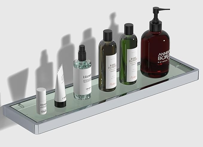 20IN Bathroom Shelves/Shelf Glass Wall Mount Floating Shelves for Bathroom Tempered Glass Rectangular 1 Tier Organizer Wall Shelf (Chrome Polished, 20'')