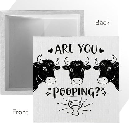 Funny Rustic Bathroom Wooden Box Sign 5x5 Inch - "ARE YOU POOPING" Humorous Restroom Quote Decor, Farmhouse Style Shelf Desk Table Decoration for Home Bathroom