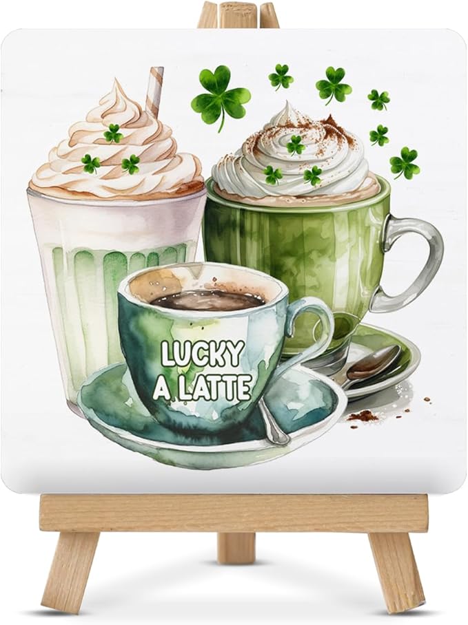 St Patricks Day Kitchen Decor - St Patricks Day Coffee Bar Decor - Irish Coffee Wood Sign with Easel Home Kitchen Desk Tabletop Shelf Tiered Tray Decorations